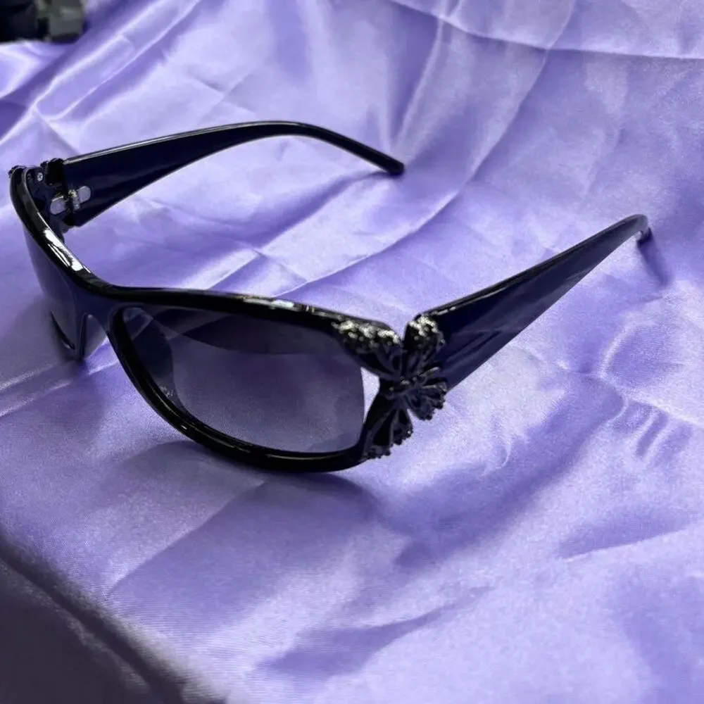 Fairycore black wrap sunglasses with sparkling butterfly whimsygoth dark fairy